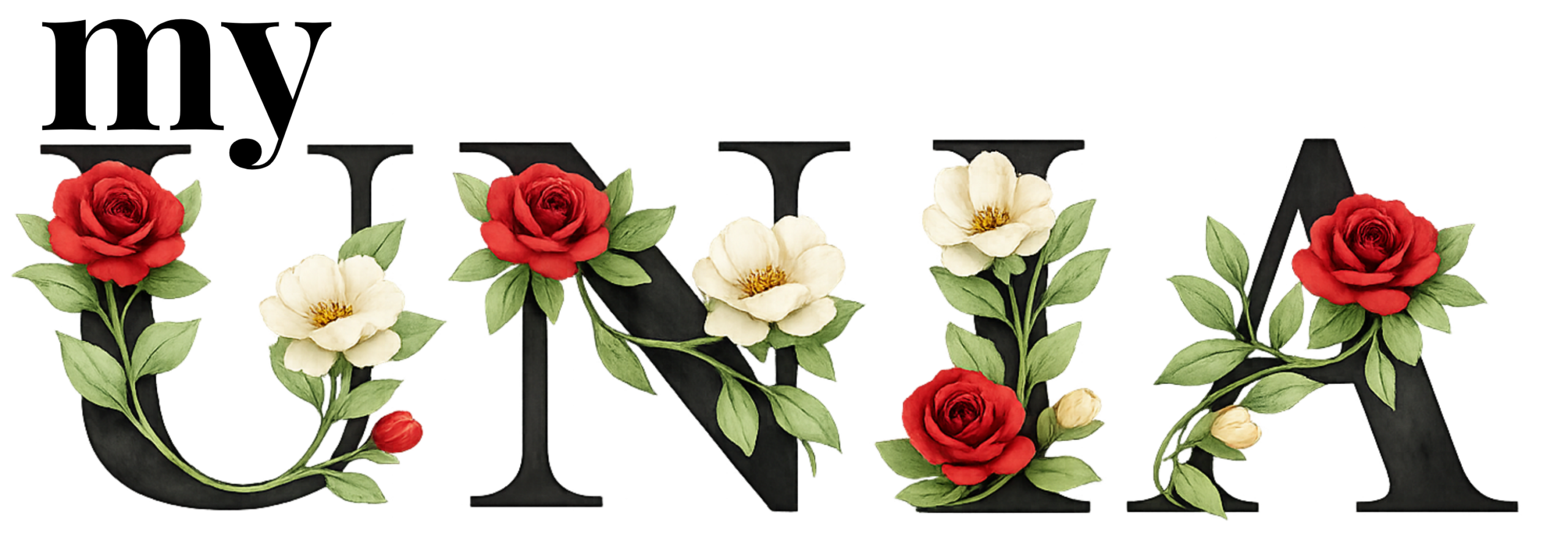 my unia Logo – florales Schriftlogo mit roten Rosen, weißen Wildrosen und Blattranken um die Buchstaben UNIA